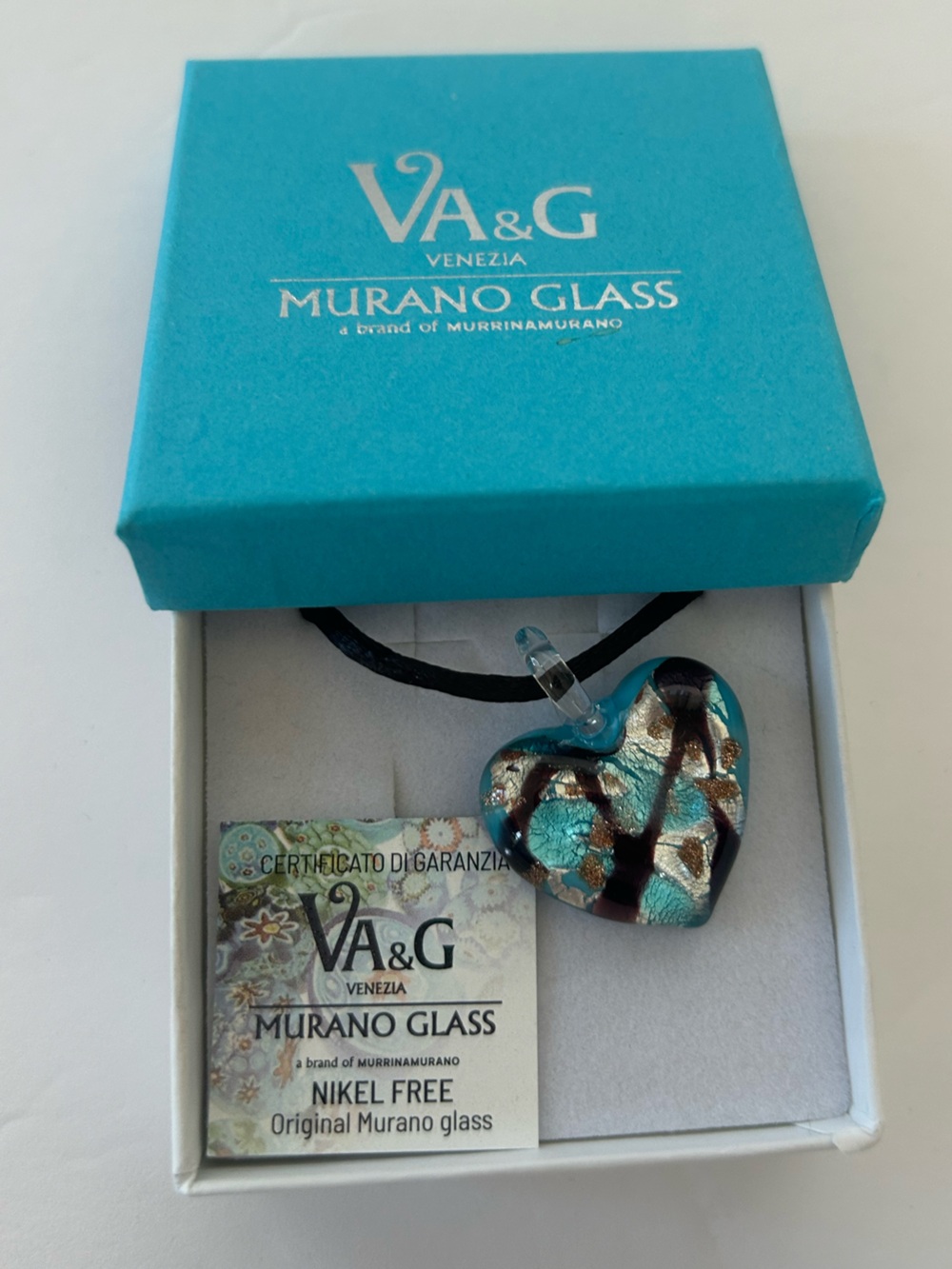 Murano Glass Heart Pendant in Turquoise with Gold & Black Accents